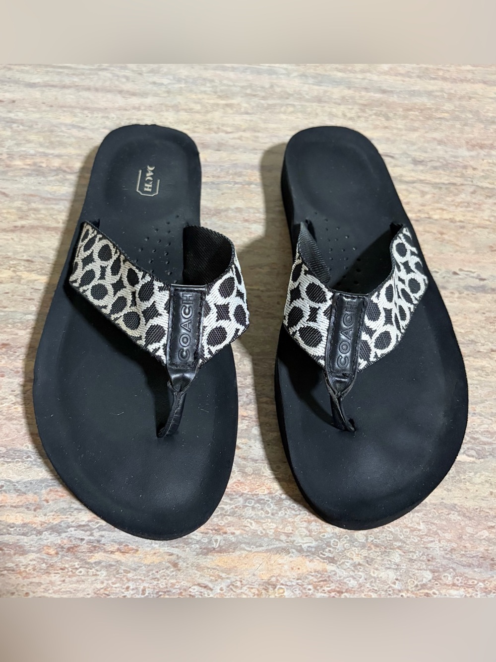Coach Jessalyn Black Signature Canvas Thong Sandals with White Logo Print
